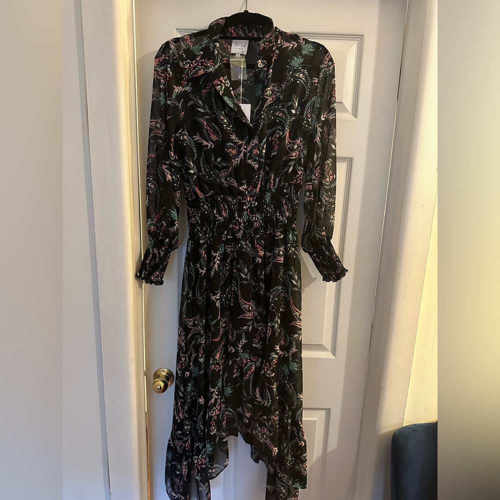 Misa Los Angeles Kaiya Black Paisley Asymmetrical Shirt Dress in Small NWT